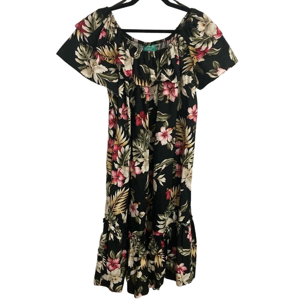 Vintage Jade Fashions made in Hawaii tropical floral dress ruffle collar size XL